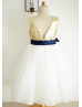 Gold Sequin Ivory Tulle Deep V Back Knee Length Flower Girl Dress 